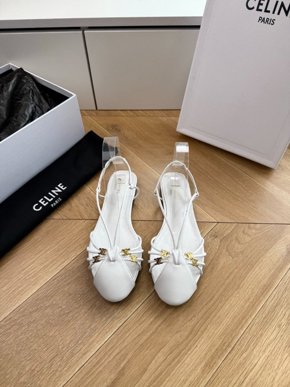 Celine White Triomphe Slingback Flat Sandals